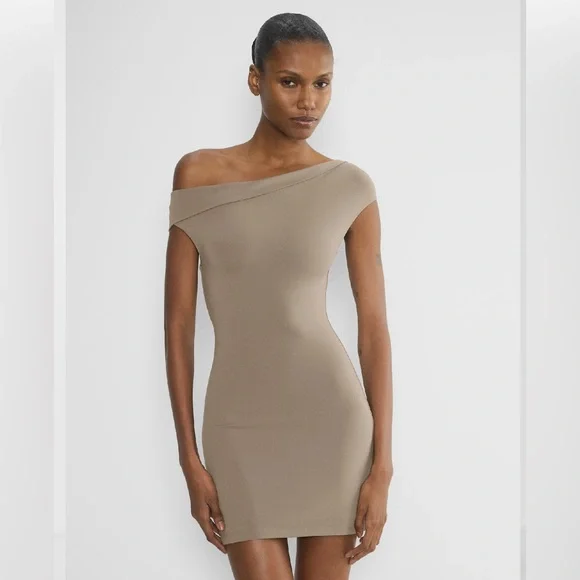 NWT Aritzia Taupe Off-Shoulder Mini Dress - Picture 1 of 5